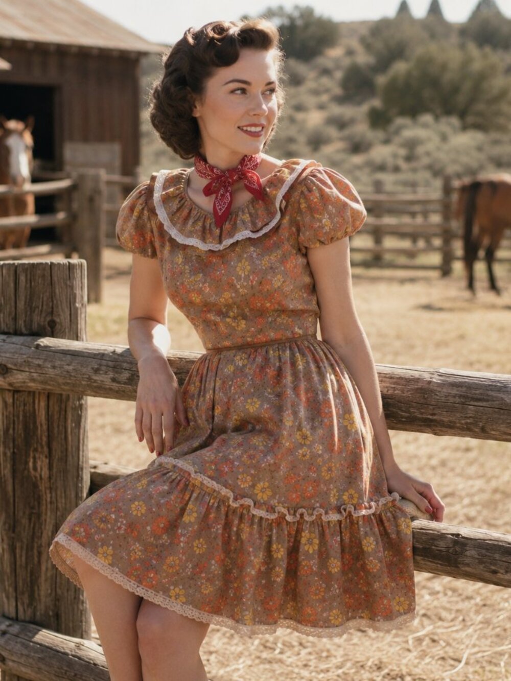 Vtg 50s Western Ranch Prairie cowgirl autumn fall leaves halloween dress